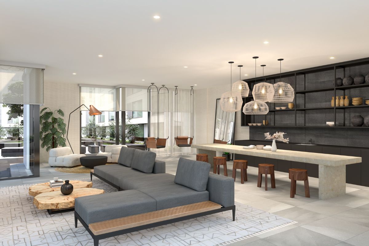 A luxury apartment near Koreatown, Los Angeles, featuring an open-plan living space with a modern gray sofa, natural wood coffee table, large kitchen island, and pendant lighting. The design includes hanging basket swings, minimalist décor, and large windows with outdoor views.