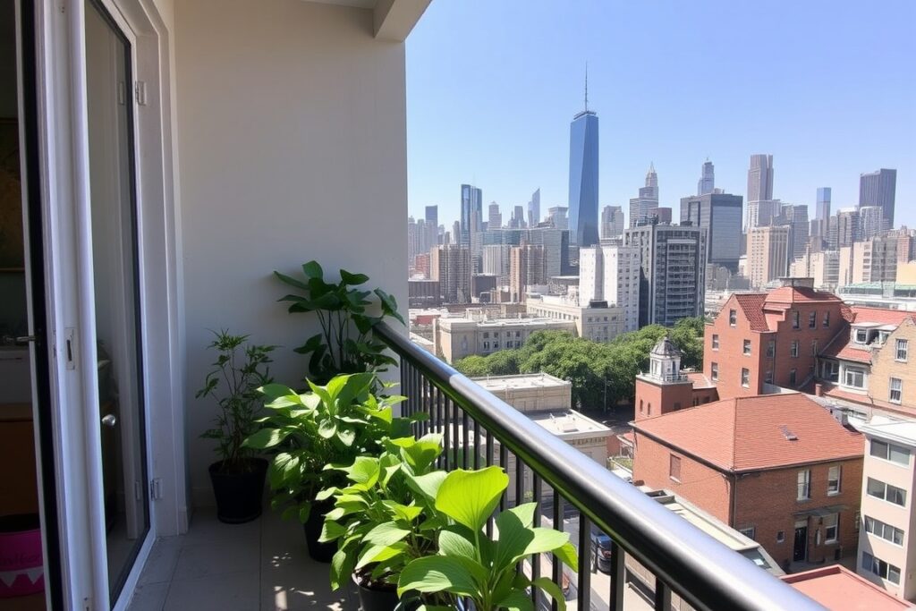 A city balcony with potted green plants, overlooking a Los Angeles skyline with modern and historic buildings under a clear sky.