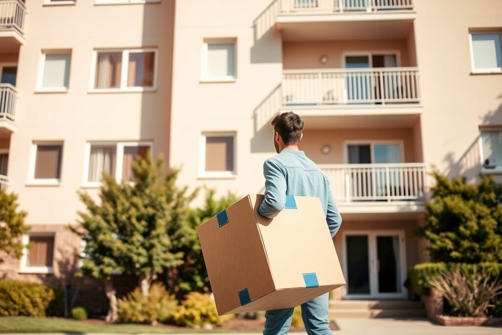 A young man holding a moving box, standing in front of a modern apartment complex with balconies and greenery in the foreground.