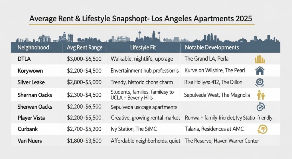 Infographic table showing average rent and lifestyle snapshot of Los Angeles apartments in 2025 across 10 neighborhoods including DTLA, Koreatown, Hollywood, Silver Lake, Westwood, Sherman Oaks, Playa Vista, Culver City, Burbank, and Van Nuys, with details on rent ranges, lifestyle fit, and notable apartment developments.