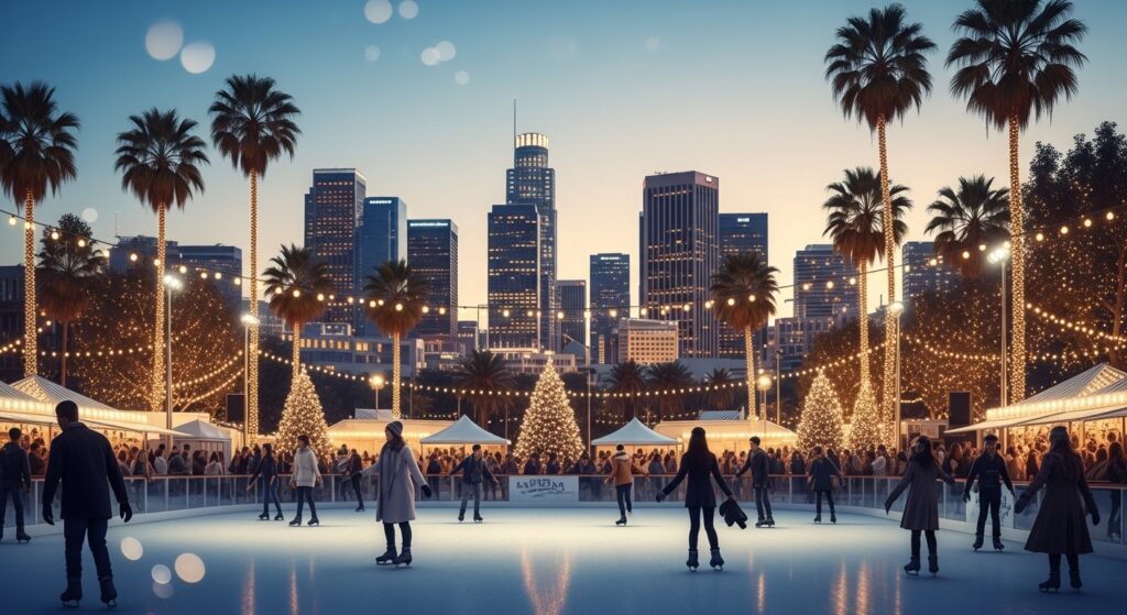 Winter holiday scene in Los Angeles with festive lights, palm trees, and an outdoor ice skating rink near the city skyline