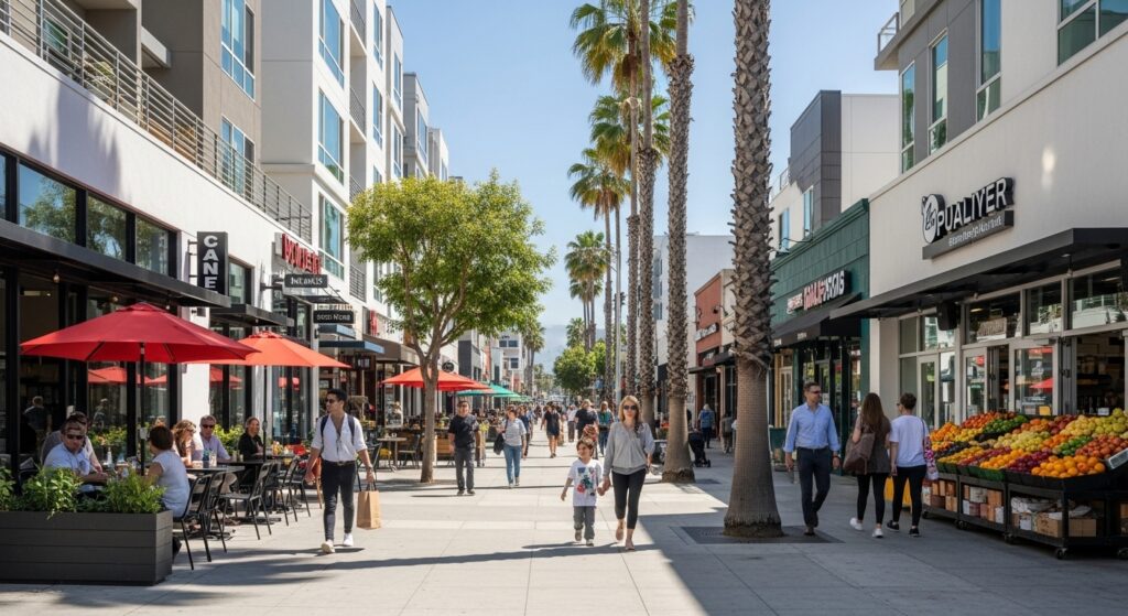 Walkable neighborhood in Los Angeles with apartments, cafés, and shops