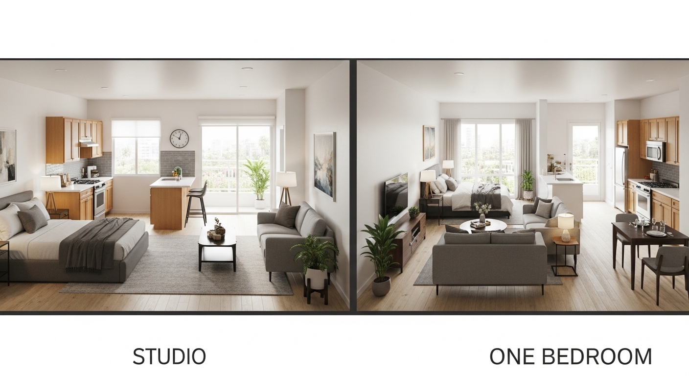 Comparison of a studio apartment and a 1-bedroom apartment layout in Los Angeles