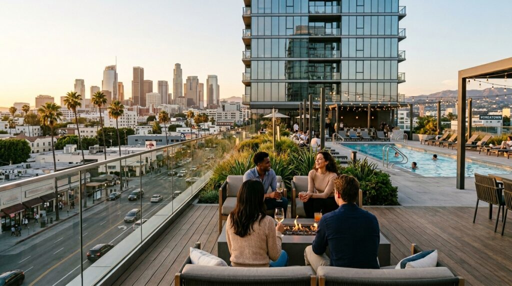 Modern high-rise apartment living in Los Angeles with skyline views, rooftop amenities, and urban convenience.