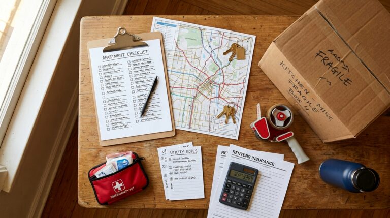 Apartment keys, moving checklist, and transit map for a Los Angeles relocation