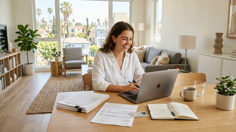 A bright, realistic lifestyle photo of a young first-time renter preparing to apply for an apartment in Los Angeles. The renter is seated at a clean modern dining table inside a stylish apartment, reviewing rental application documents on a laptop with neatly organized papers, pay stubs, identification, and a small notebook beside them. Show a confident, prepared mood rather than stress. In the background, feature a modern apartment interior with large windows, warm natural daylight, contemporary furniture, neutral finishes, and subtle views of a sunny Los Angeles neighborhood. The overall scene should communicate financial preparation, apartment hunting, and the excitement of renting a first apartment. Professional real estate lifestyle photography, authentic and welcoming, natural poses, bright but realistic lighting, wide horizontal composition suitable for a blog featured image, no visible logos, no readable personal information, no text overlay.