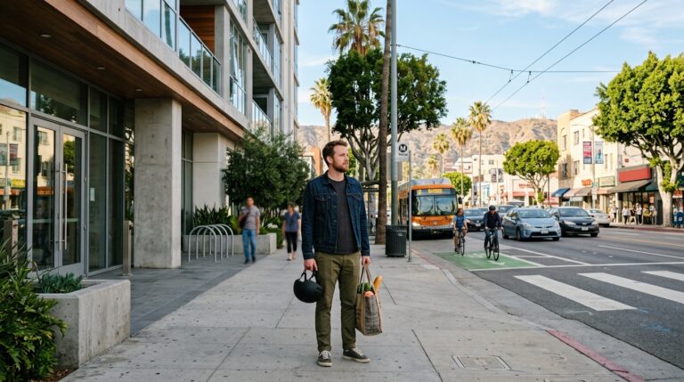 Renter overlooking a Los Angeles street with transit, traffic, trees, and distant hills